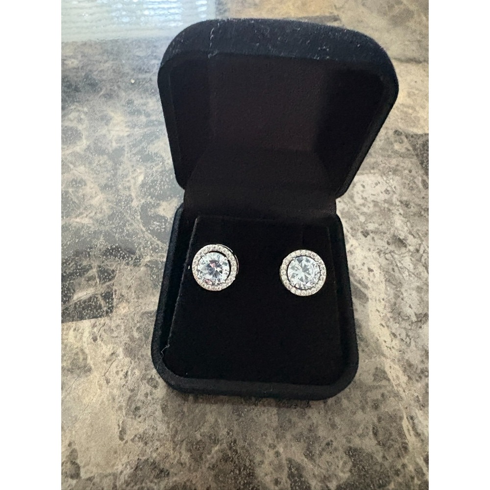 Silver Tone Round‎ Halo Cubic Zirconia Stud Earrings Brilliant Cut Pave Border